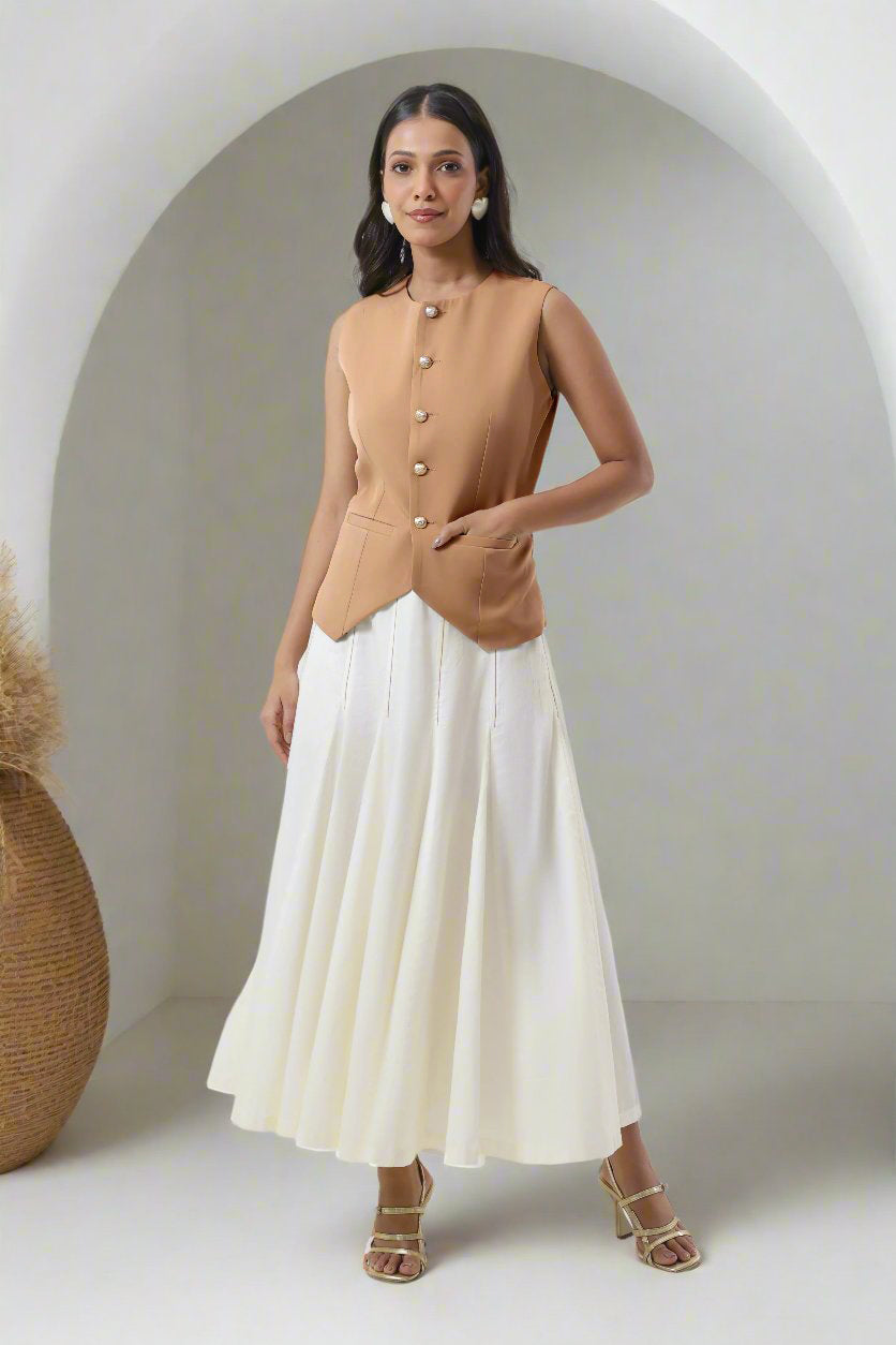 Mellow Classic Shell Waist Coat With Pleated Skirt Set