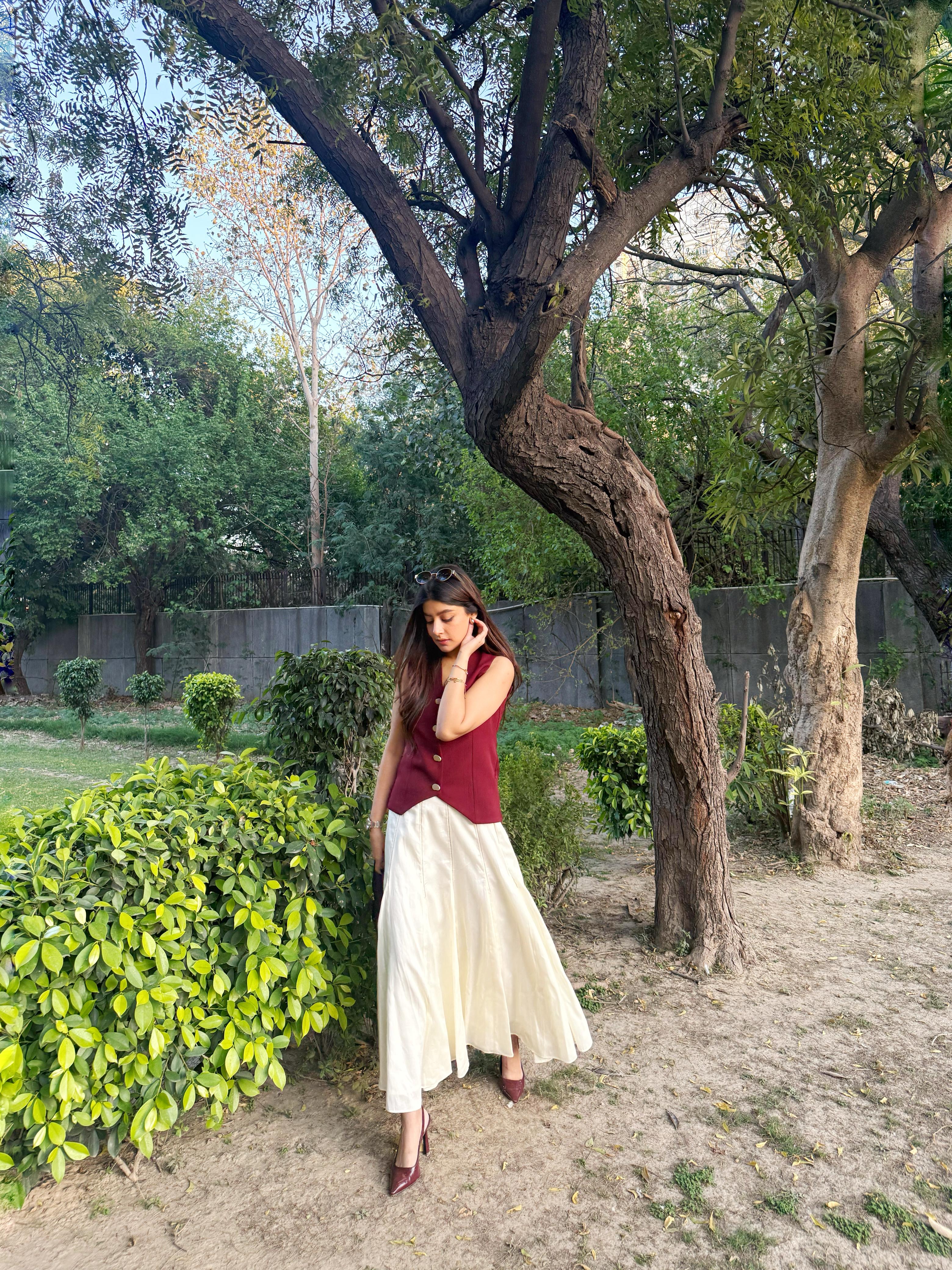 Wine Classic Vest Waistcoat with Pleated Skirt Set
