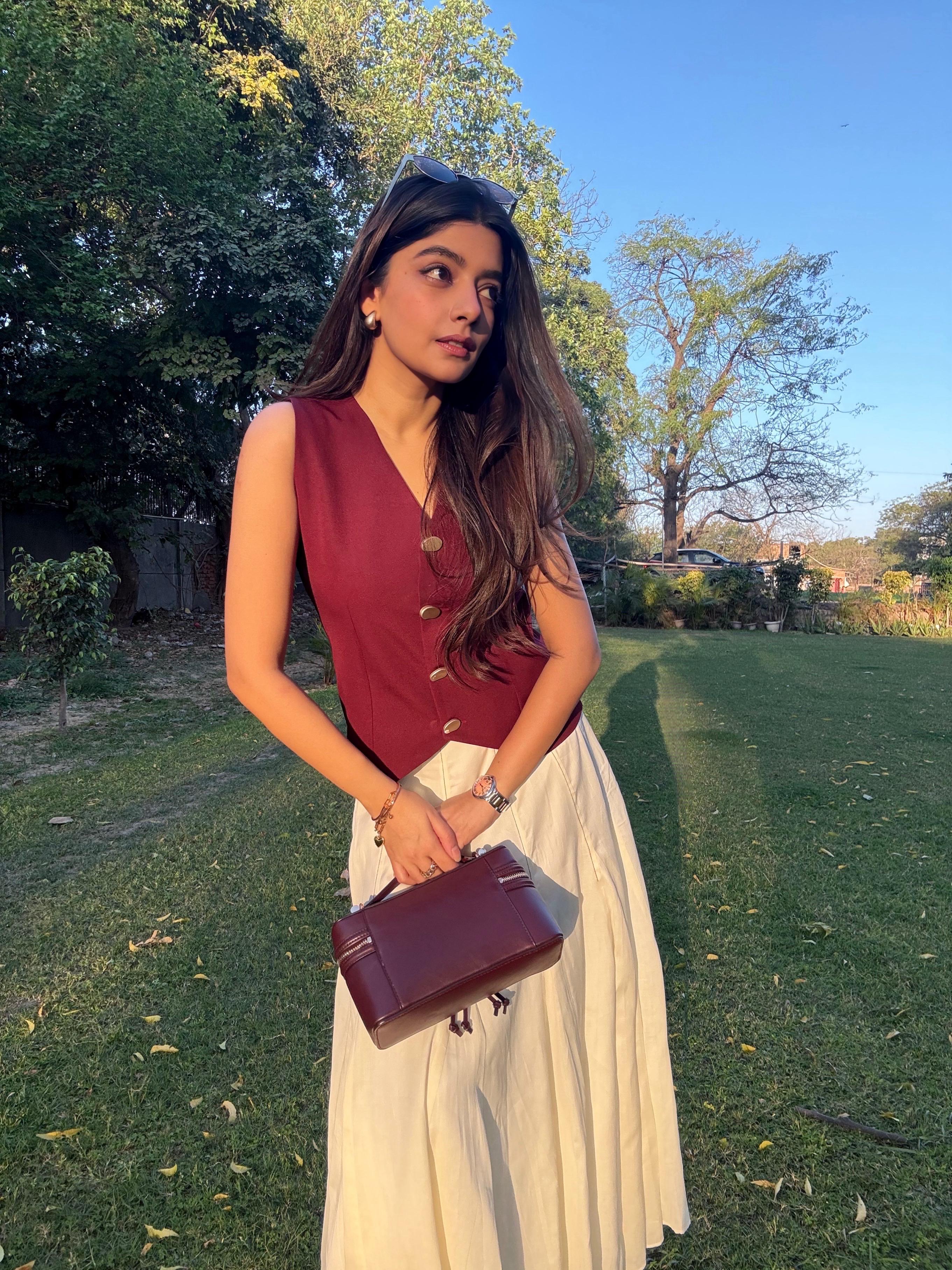 Wine Classic Vest Waistcoat with Pleated Skirt Set