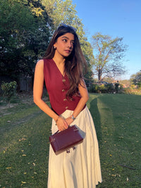 Wine Classic Vest Waistcoat with Pleated Skirt Set